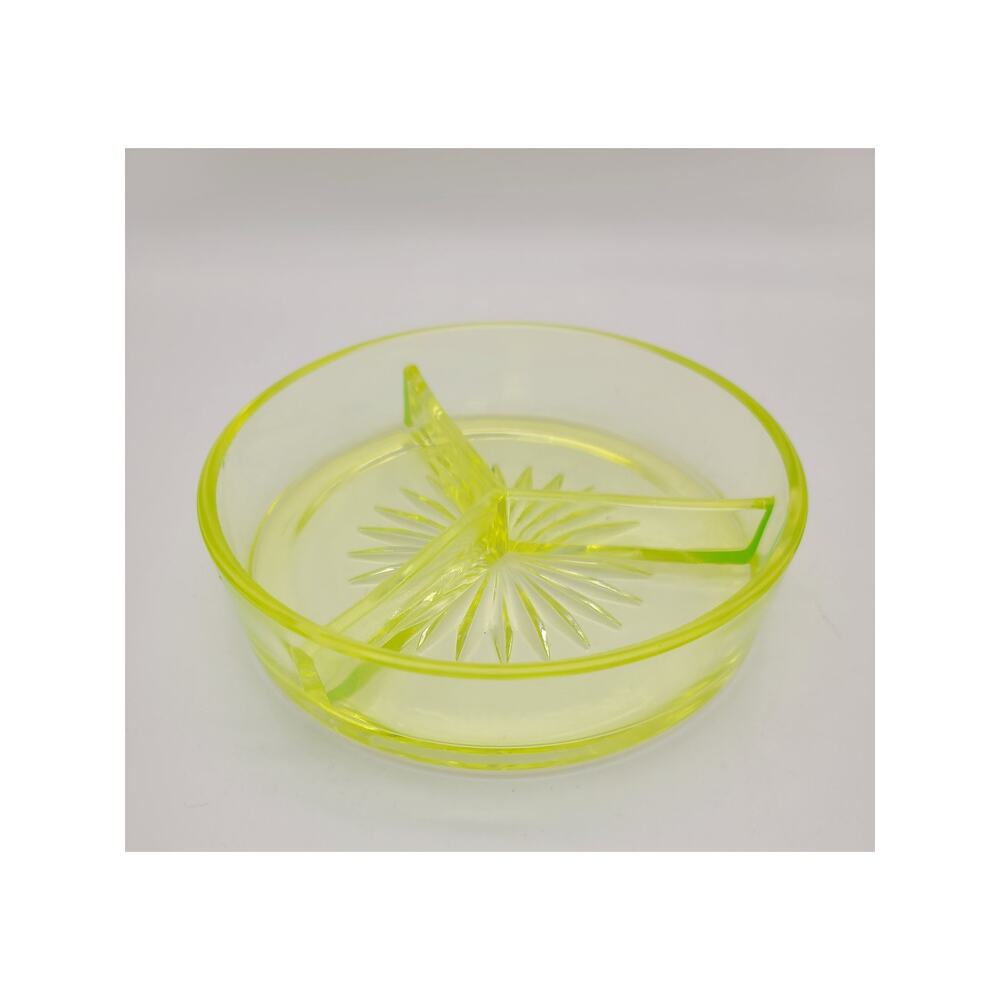 VTG 7" Round Yellow Vaseline Glass 3-Prt Divided Relish Nut Dish Sunburst Ray